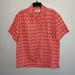 UZZI Amphibious Gear Mens Button-Up Shirt Sz M Wave Print Hawaiian Coral-Orange